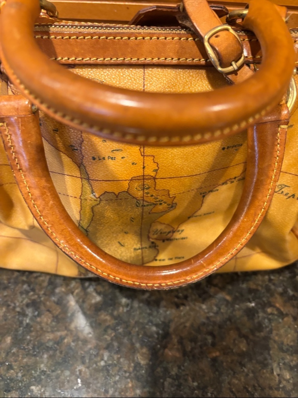 Alviero Martini Map-Print Leather Satchel in Cognac Brown - Picture 6 of 12